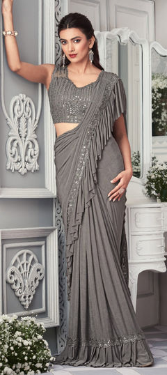 Engagement, Reception, Wedding Black and Grey color Saree in Lycra fabric with Classic Sequence, Thread work : 1911797