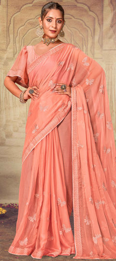 Pink and Majenta color Saree in Chiffon fabric with Border, Embroidered, Resham, Stone, Thread work