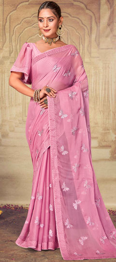 Festive, Party Wear, Reception Pink and Majenta color Saree in Chiffon fabric with Classic Border, Embroidered, Resham, Stone, Thread work : 1911816