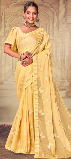 Festive, Party Wear, Reception Yellow color Saree in Chiffon fabric with Classic Border, Embroidered, Resham, Stone, Thread work : 1911817