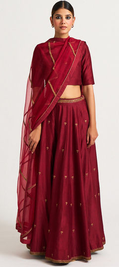 Red and Maroon color Ready to Wear Lehenga in Chanderi Silk fabric with Embroidered work