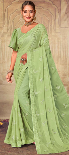 Festive, Party Wear, Reception Green color Saree in Chiffon fabric with Classic Border, Embroidered, Resham, Stone, Thread work : 1911825