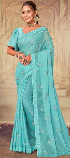 Blue color Saree in Chiffon fabric with Border, Embroidered, Resham, Stone, Thread work