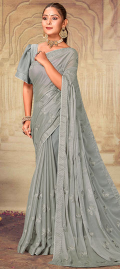 Black and Grey color Saree in Chiffon fabric with Border, Embroidered, Resham, Stone, Thread work