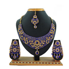 Gold Rodium Polish Blue color Necklace in Metal Alloy studded with CZ Diamond