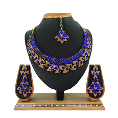 Gold Rodium Polish Blue color Necklace in Metal Alloy studded with CZ Diamond