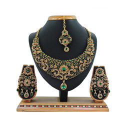 Gold Rodium Polish Green color Necklace in Metal Alloy studded with CZ Diamond