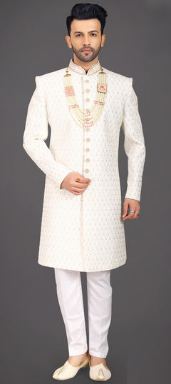 Party Wear White and Off White color Sherwani in Silk fabric with Cut Dana, Thread work : 1911892