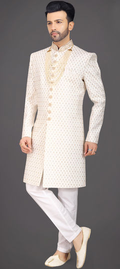 Party Wear White and Off White color Sherwani in Silk fabric with Cut Dana, Thread work : 1911893