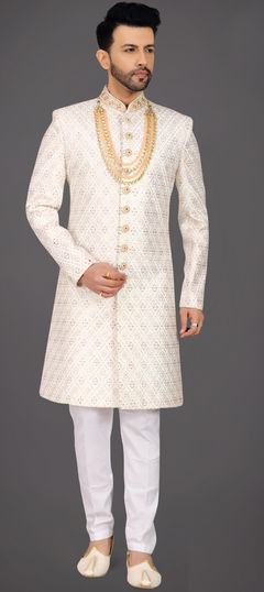 Party Wear White and Off White color Sherwani in Silk fabric with Cut Dana, Sequence, Stone, Thread work : 1911894