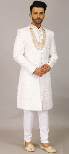 Party Wear White and Off White color Sherwani in Silk fabric with Sequence, Thread work : 1911895