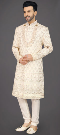 Party Wear White and Off White color Sherwani in Silk fabric with Embroidered, Thread work : 1911896