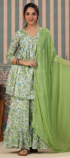 Green color Salwar Kameez in Cotton fabric with Floral, Lace, Printed, Sequence work