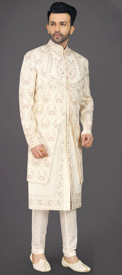 Beige and Brown color Sherwani in Silk fabric with Embroidered, Stone, Thread, Zari work