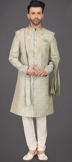 White and Off White color Sherwani in Silk fabric with Sequence, Stone work