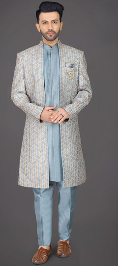 White and Off White color Sherwani in Silk fabric with Embroidered, Stone, Thread, Zari work