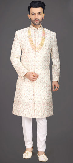 White and Off White color Sherwani in Silk fabric with Embroidered, Stone, Thread, Zari work