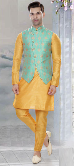 Yellow color Kurta Pyjama with Jacket in Art Silk fabric with Weaving work