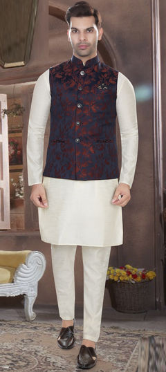 White and Off White color Kurta Pyjama with Jacket in Art Silk fabric with Weaving work