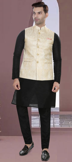 Black and Grey color Kurta Pyjama with Jacket in Art Silk fabric with Weaving work