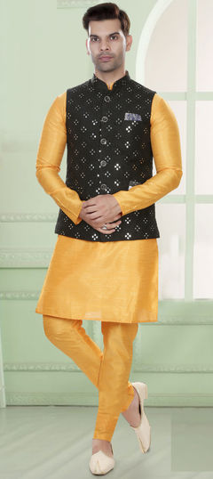 Yellow color Kurta Pyjama with Jacket in Art Silk fabric with Mirror work