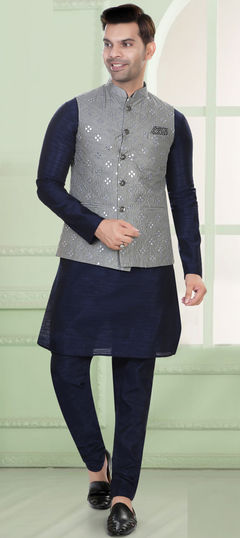 Blue color Kurta Pyjama with Jacket in Art Silk fabric with Mirror work