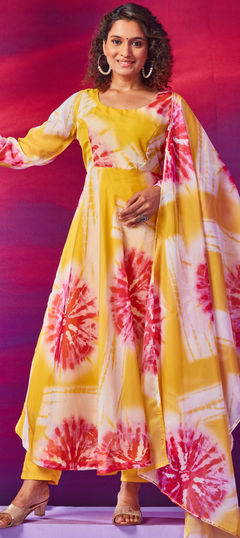 Yellow color Salwar Kameez in Organza Silk fabric with Floral, Printed, Tye n Dye work