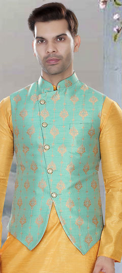 Green color Nehru Jacket in Jacquard fabric with Weaving work