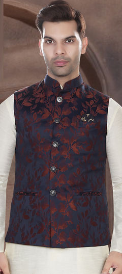 Blue color Nehru Jacket in Jacquard fabric with Weaving work