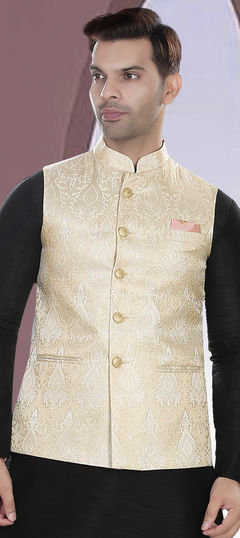 Beige and Brown color Nehru Jacket in Jacquard fabric with Weaving work