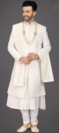 White and Off White color Sherwani in Silk fabric with Bugle Beads, Embroidered, Sequence, Thread work