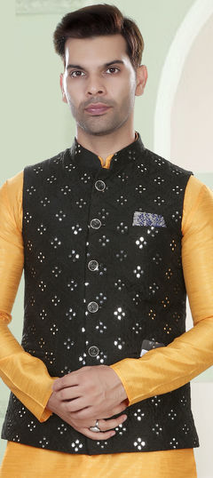 Black and Grey color Nehru Jacket in Silk fabric with Mirror work