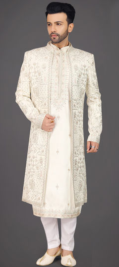 White and Off White color Sherwani in Silk fabric with Embroidered, Sequence, Thread work