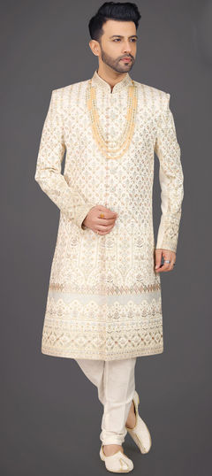 White and Off White color Sherwani in Silk fabric with Embroidered, Sequence, Stone, Thread work