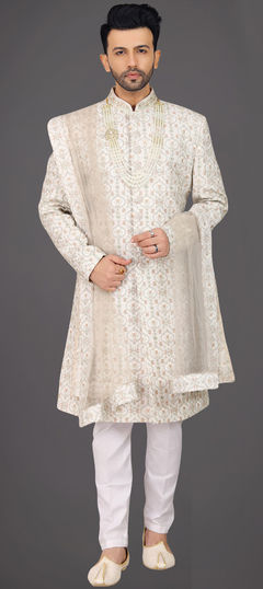 White and Off White color Sherwani in Silk fabric with Embroidered, Resham, Stone, Thread work