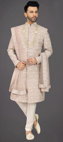 Beige and Brown color Sherwani in Silk fabric with Embroidered, Resham, Stone, Thread work