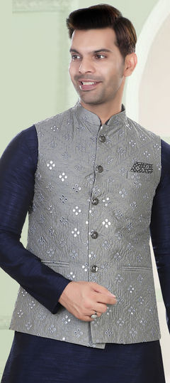 Black and Grey color Nehru Jacket in Silk fabric with Mirror work