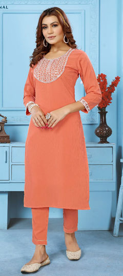 Orange color Salwar Kameez in Cotton fabric with Embroidered, Resham, Thread work