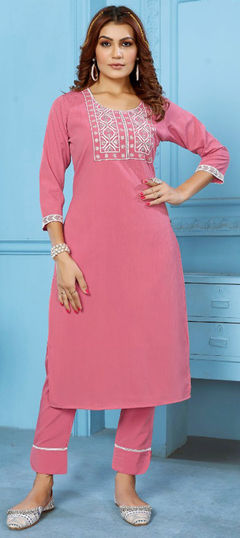 Pink and Majenta color Salwar Kameez in Cotton fabric with Embroidered, Resham, Thread work