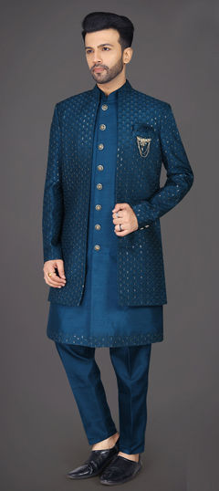 Blue color IndoWestern Dress in Silk fabric with Broches, Embroidered, Sequence, Thread work