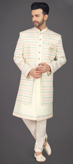 White and Off White color IndoWestern Dress in Silk fabric with Broches, Embroidered, Sequence, Thread work