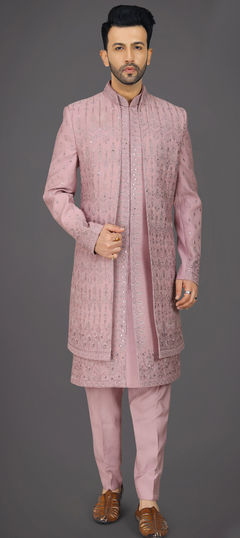 Pink and Majenta color IndoWestern Dress in Silk fabric with Cut Dana, Embroidered, Resham, Thread work