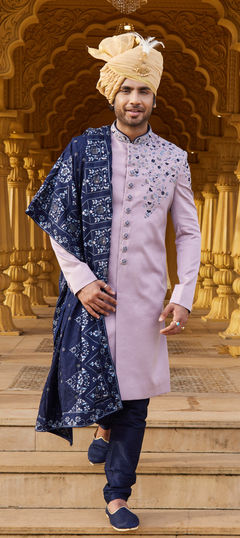 Party Wear, Reception, Wedding Purple and Violet color Sherwani in Art Silk fabric with Embroidered, Sequence, Thread work : 1912041