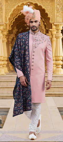 Party Wear, Reception, Wedding Pink and Majenta color Sherwani in Art Silk fabric with Bugle Beads, Embroidered, Thread work : 1912047