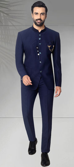 Party Wear, Reception, Wedding Blue color Jodhpuri Suit in Rayon fabric with Broches work : 1912048