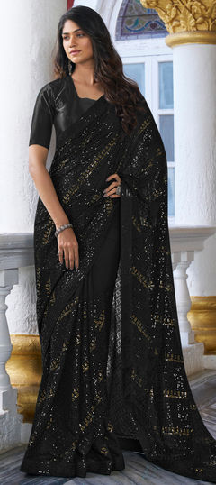 Black and Grey color Saree in Georgette fabric with Embroidered, Sequence, Thread work