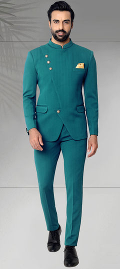 Blue color Jodhpuri Suit in Rayon fabric with Thread work