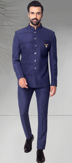 Blue color Jodhpuri Suit in Rayon fabric with Thread work