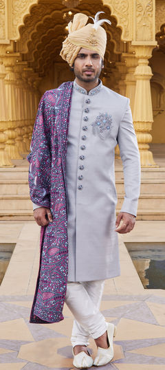 Black and Grey color Sherwani in Art Silk fabric with Bugle Beads, Embroidered, Thread, Zardozi work