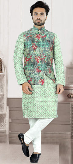 Green color Kurta Pyjama with Jacket in Brocade fabric with Digital Print work